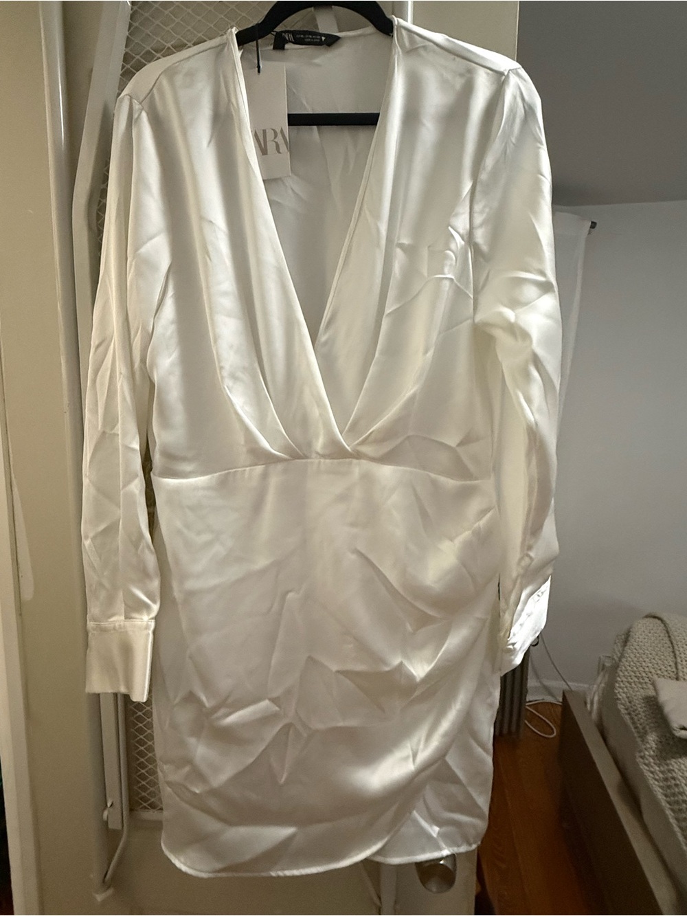 Zara Ivory Satin Wrap-Front Long-Sleeve Chemise